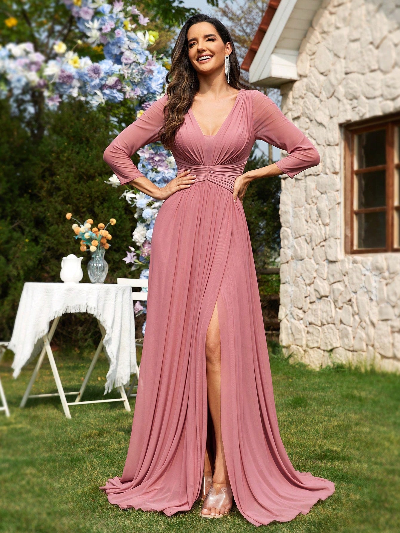 Women'S Deep V-Neck Long Sleeve High Slit Hem Evening Party Maxi Dress | XUIBOL