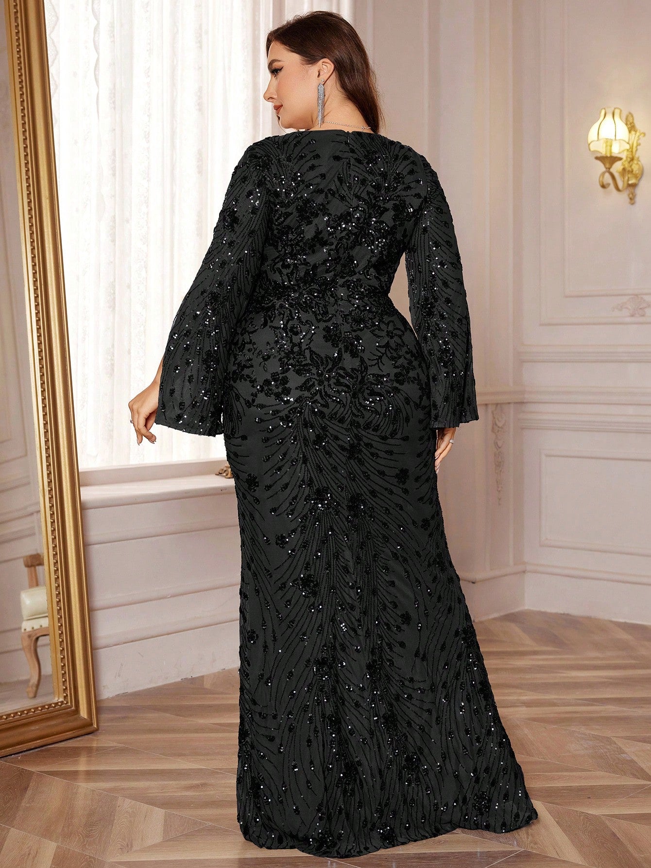 XUIBOL | High Quality Plus Size Women's Beaded Mermaid Maxi Dress, V-Neck Long Sleeve Slit Sleeve Elegant Luxurious Formal Gown For Cocktail Party, Mother Of The Bride Dress (Heavy-Duty), Prom Evening Dress, For Graduation, Dinner, Christmas