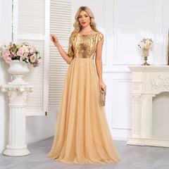 Champagne Gold off-The-Shoulder Beaded Tulle Gown