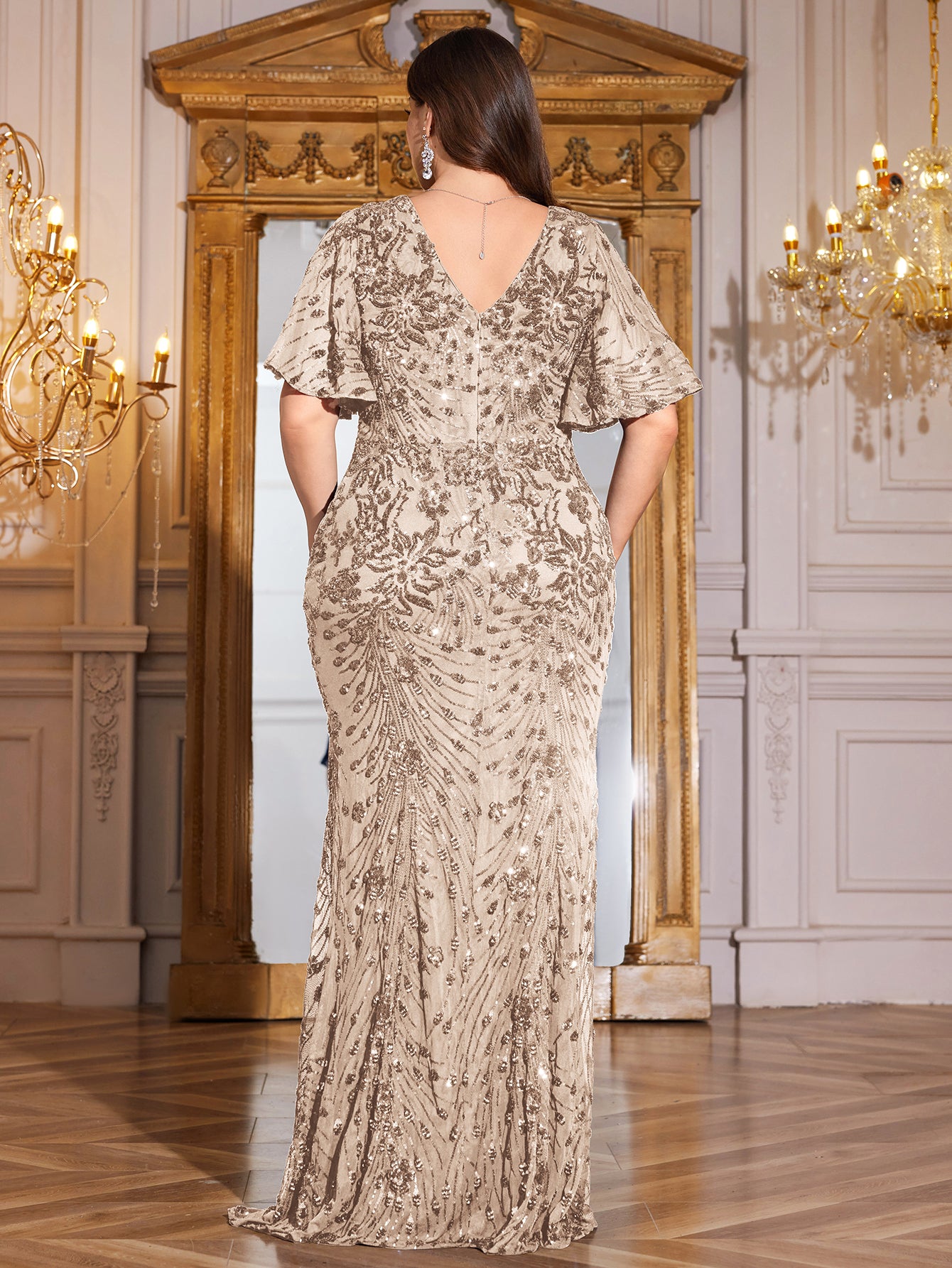 Royal Blue Sequin Flutter Sleeve Mermaid Evening Gown