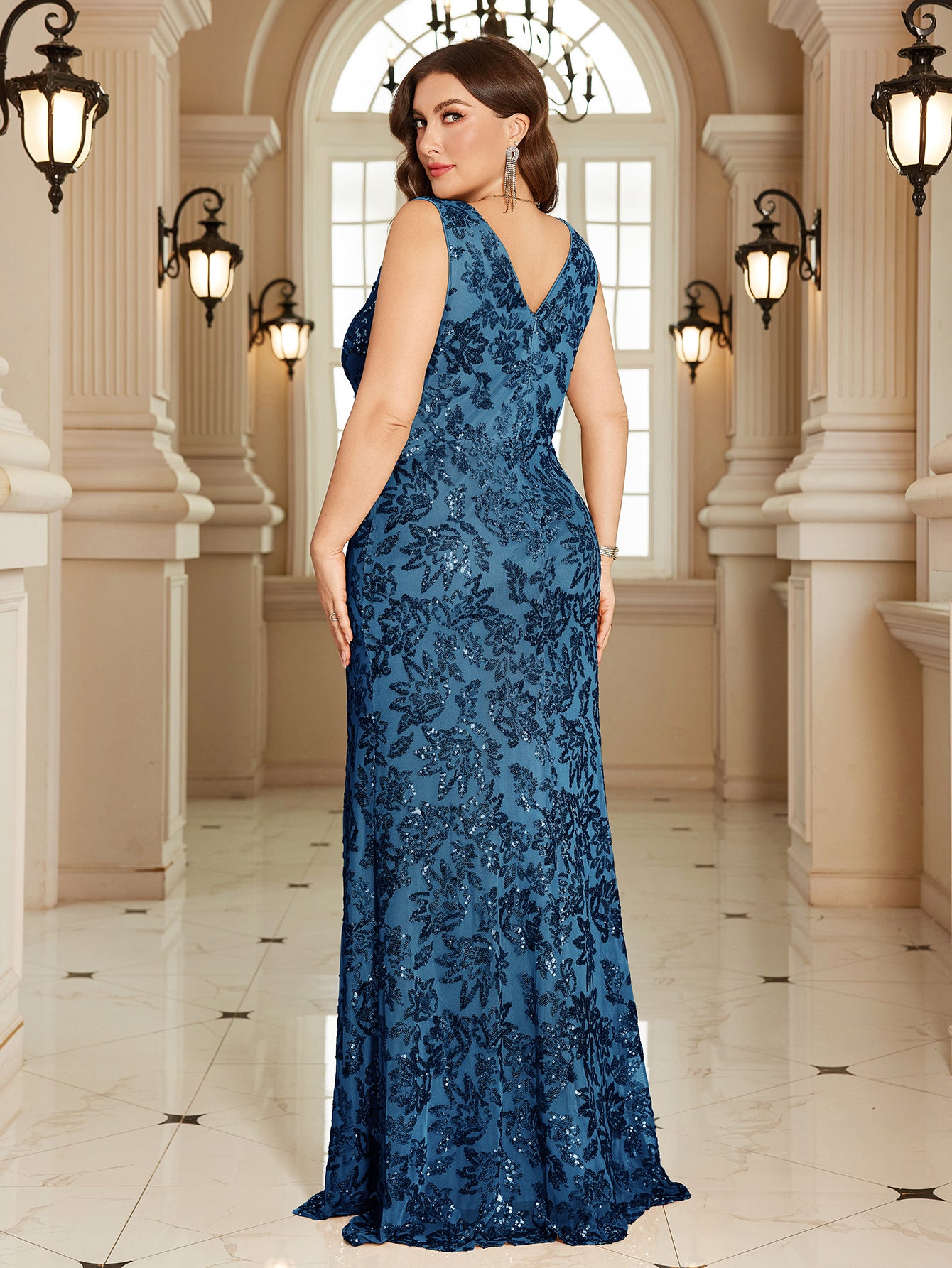 Navy Blue Floral Sequin Sleeveless Slit A‑Line Maxi Gown