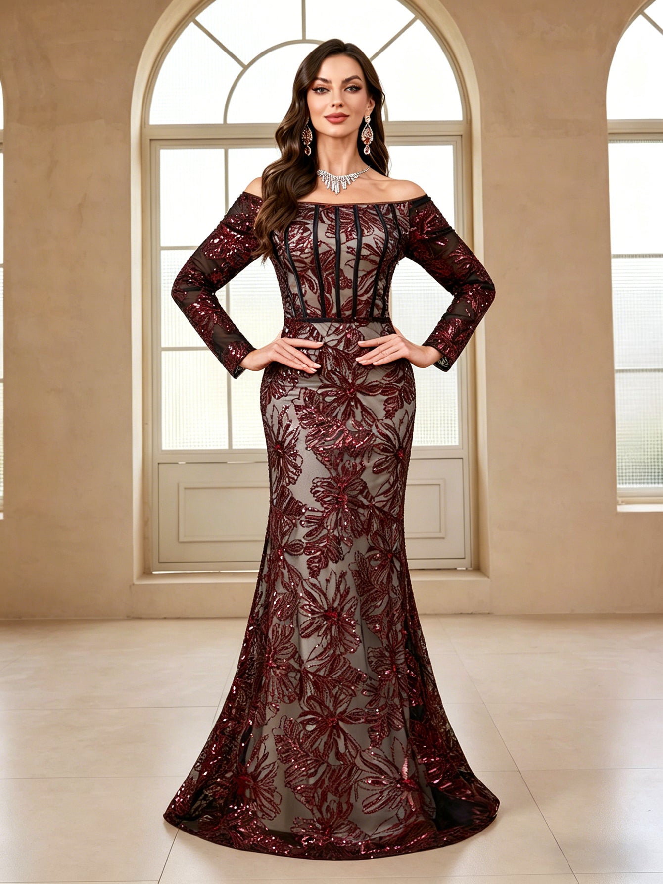 Tailored Off Shoulder Sequin Embroidered Long Dress