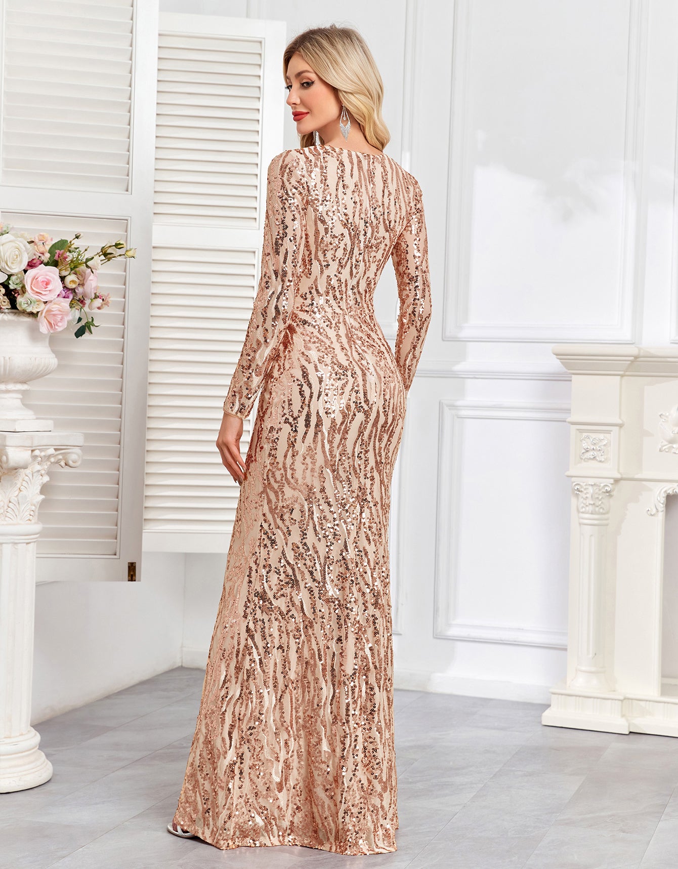Rose Gold Wave Sequin Slim Mermaid Evening Dress