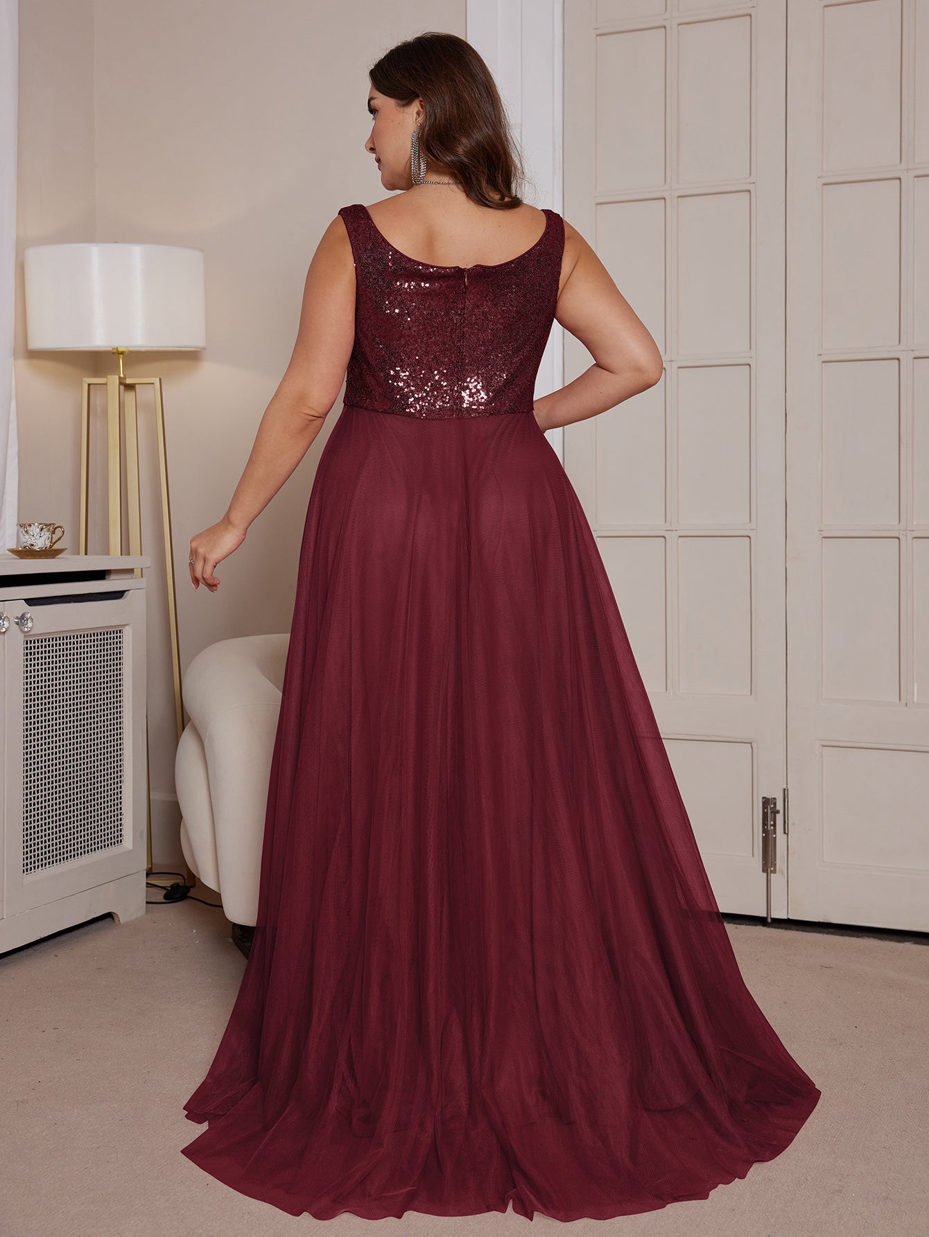 Dusty Rose Sequin Bodice A Line Plus Size Evening Gown