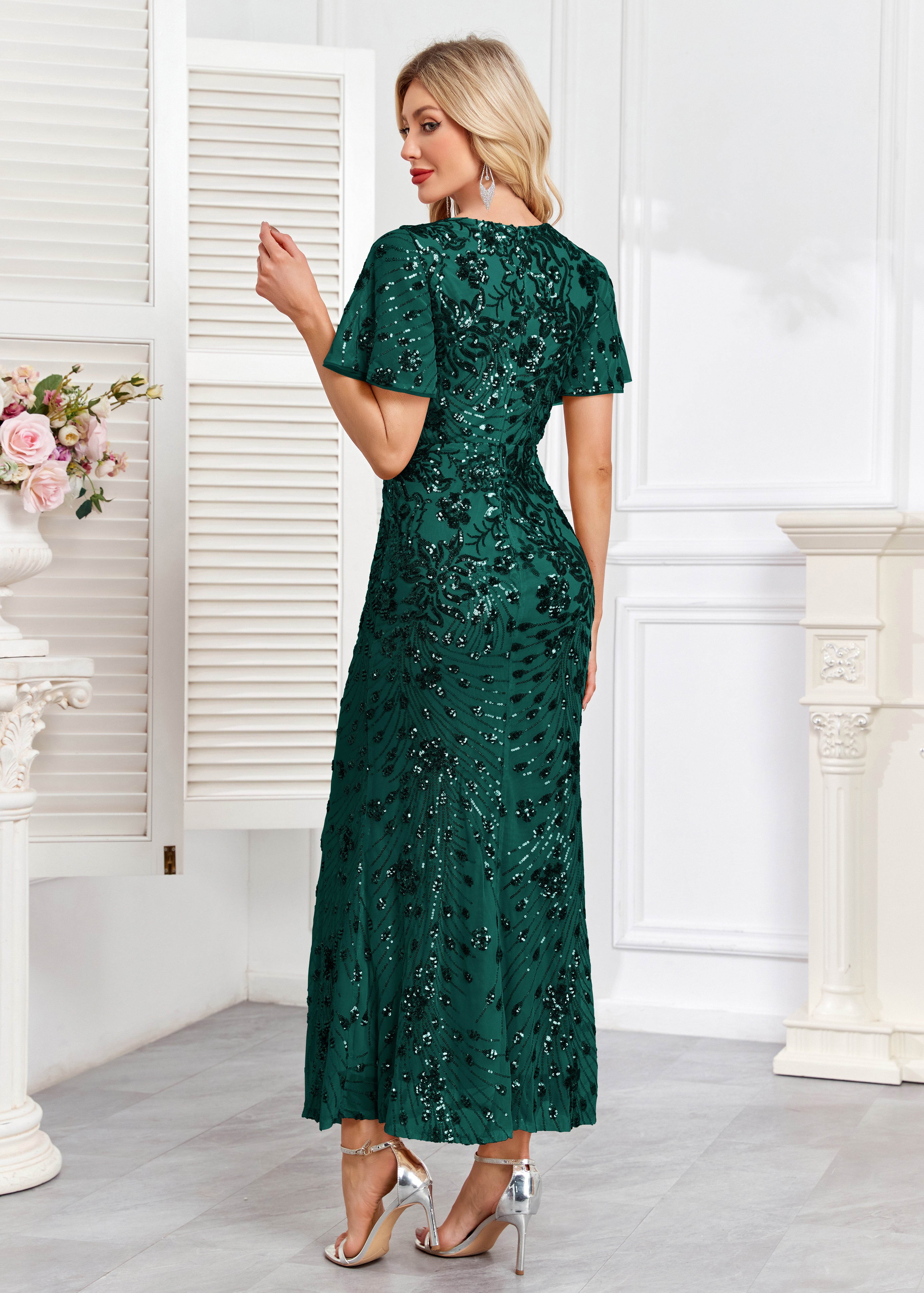 Champagne Gold Sequin Short Sleeve V Neck Midi Mermaid Evening Dress