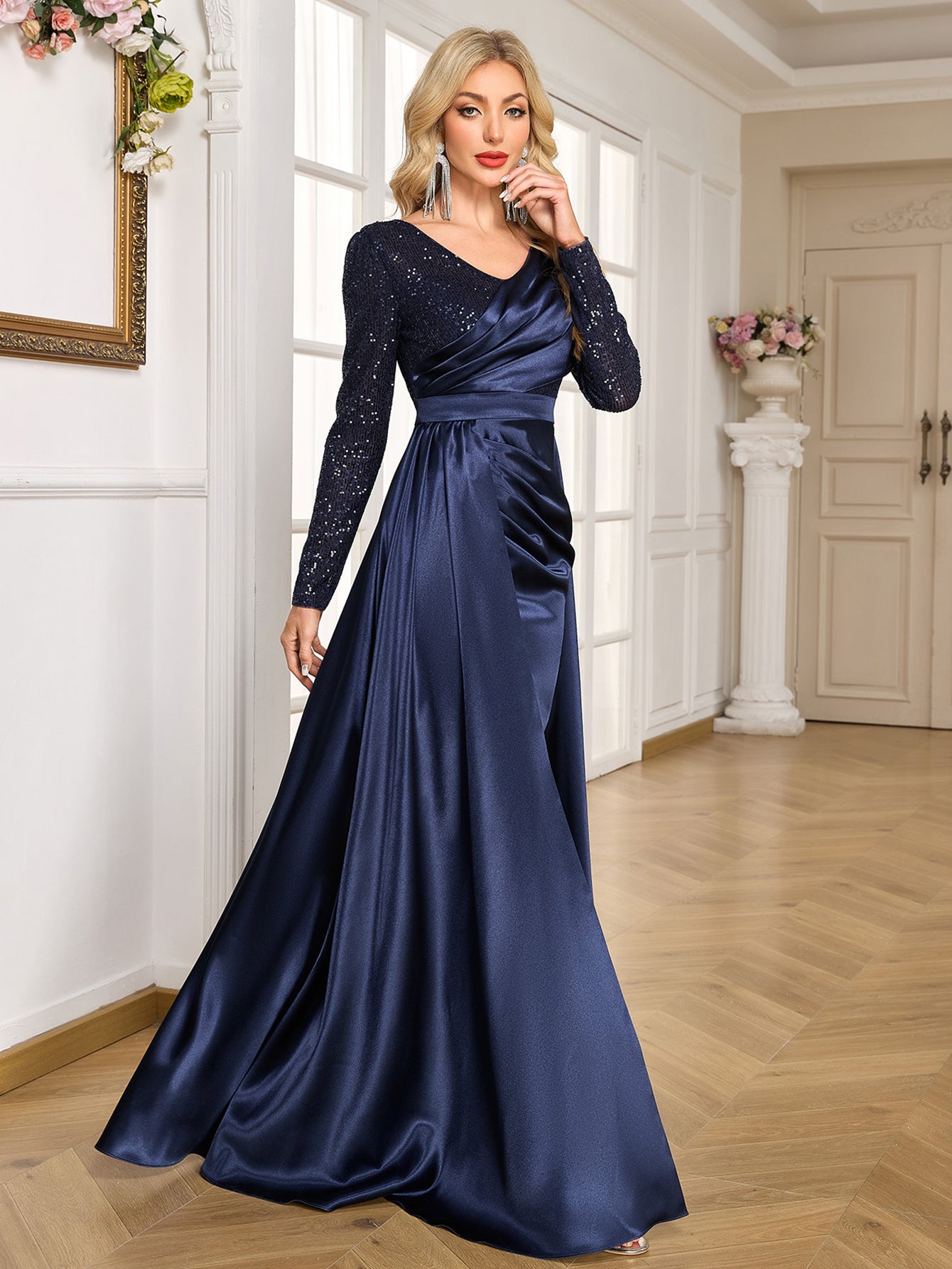 Navy Blue Sequin Long Sleeve Wrap V Neck High Slit Satin Evening Gown