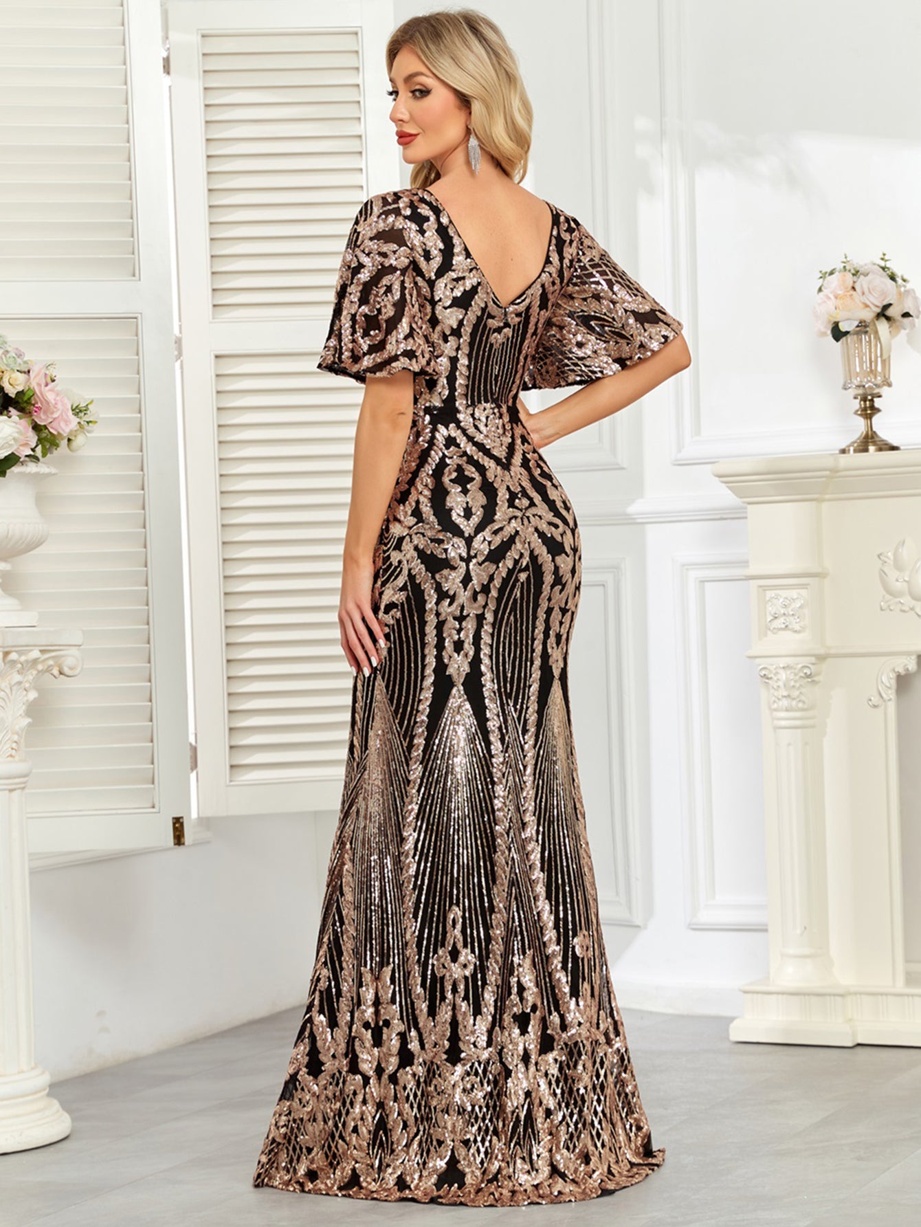 Black Rose Gold Sequin Flutter Sleeve Mermaid Evening Gown