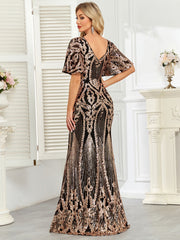 Black Rose Gold Sequin Flutter Sleeve Mermaid Evening Gown