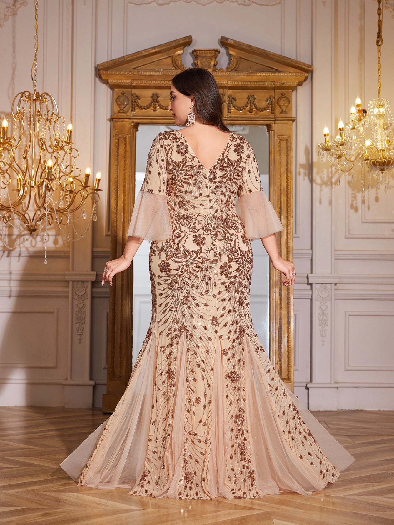 Bronze Gold Floral Sequin 3/4 Bell Sleeve Mesh Mermaid Plus Size Evening Gown