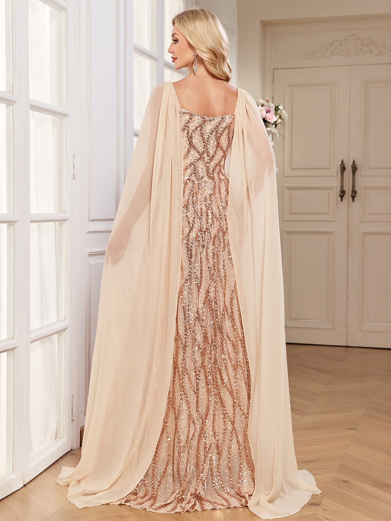 Champagne Gold Sequin Square Neck Cape Sleeve A Line Evening Gown