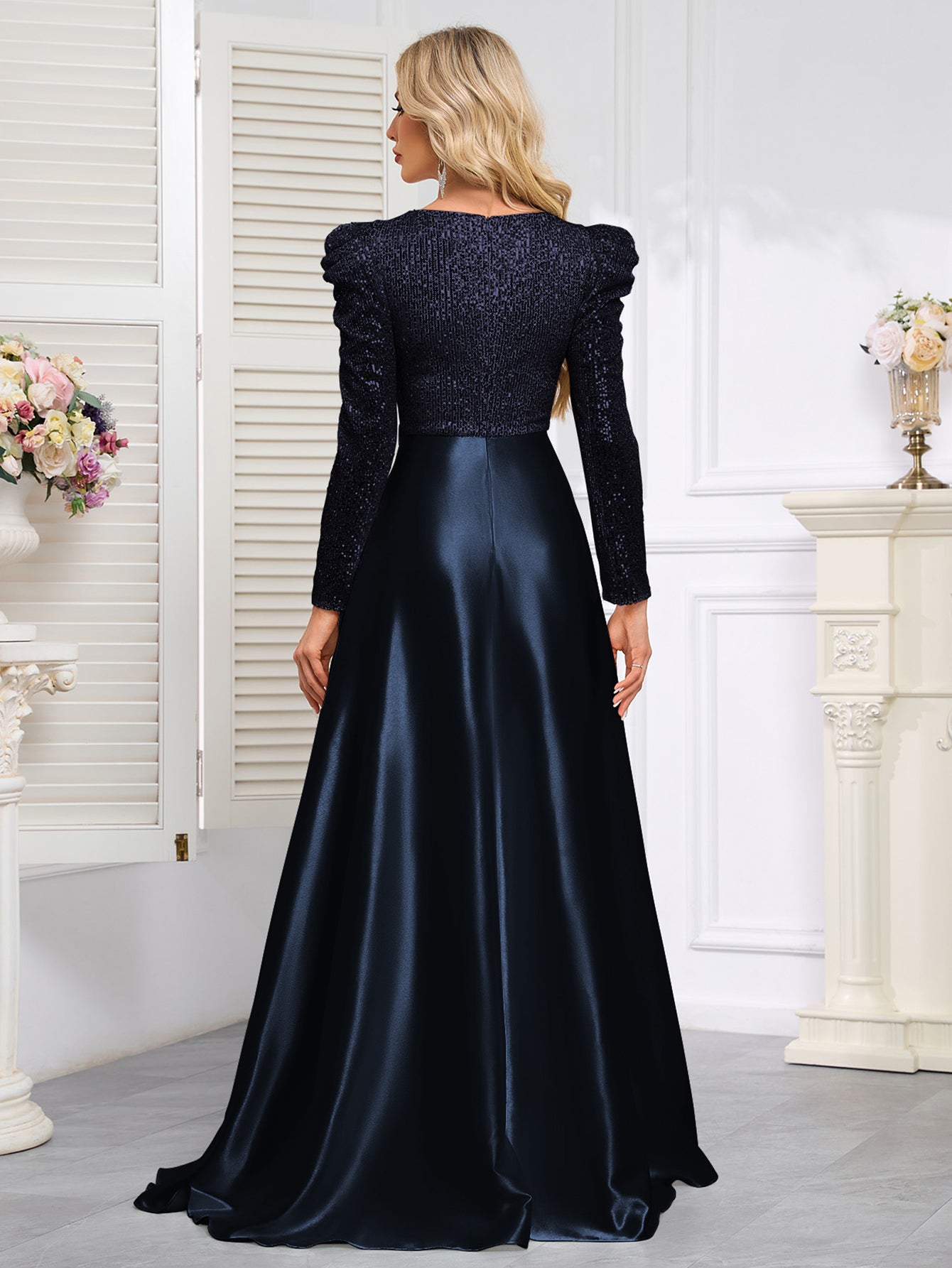 Dark Blue Satin Sequin Maxi Dress