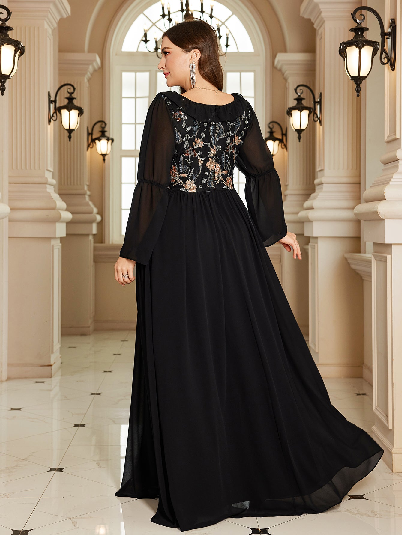 Black Floral Embroidery High Waist Plus Size Maxi Evening Dress