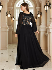 Black Floral Embroidery High Waist Plus Size Maxi Evening Dress