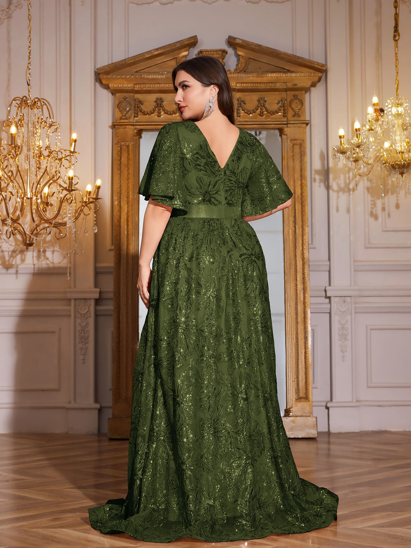 Rose Gold Sequin Flutter Sleeve Empire Waist A‑Line Plus Size Evening Gown
