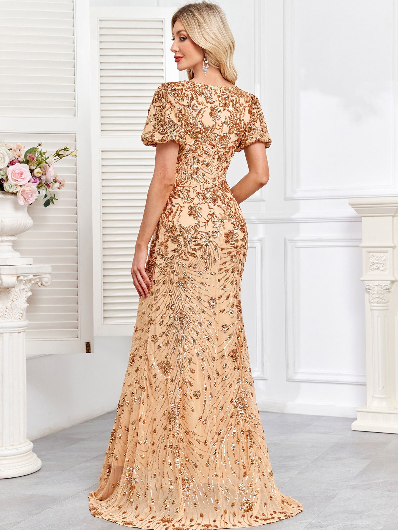 Champagne Gold Sequin Embellished V-Neck Mermaid Evening Gown