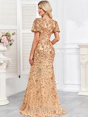 Champagne Gold Sequin Embellished V-Neck Mermaid Evening Gown