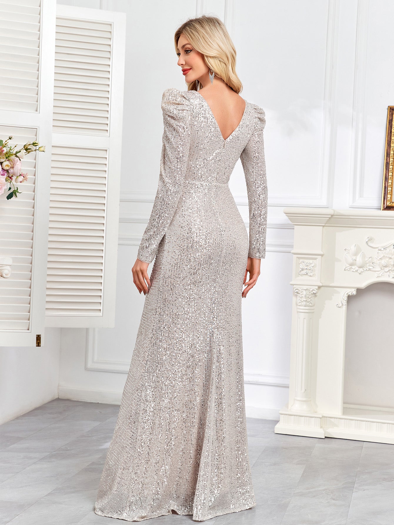 Champagne Silver Sequin Ruched Mermaid Long Evening Dress