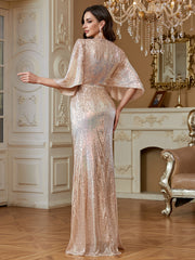 Champagne Gold 3D Flower Cape Sleeve Mermaid Evening Gown