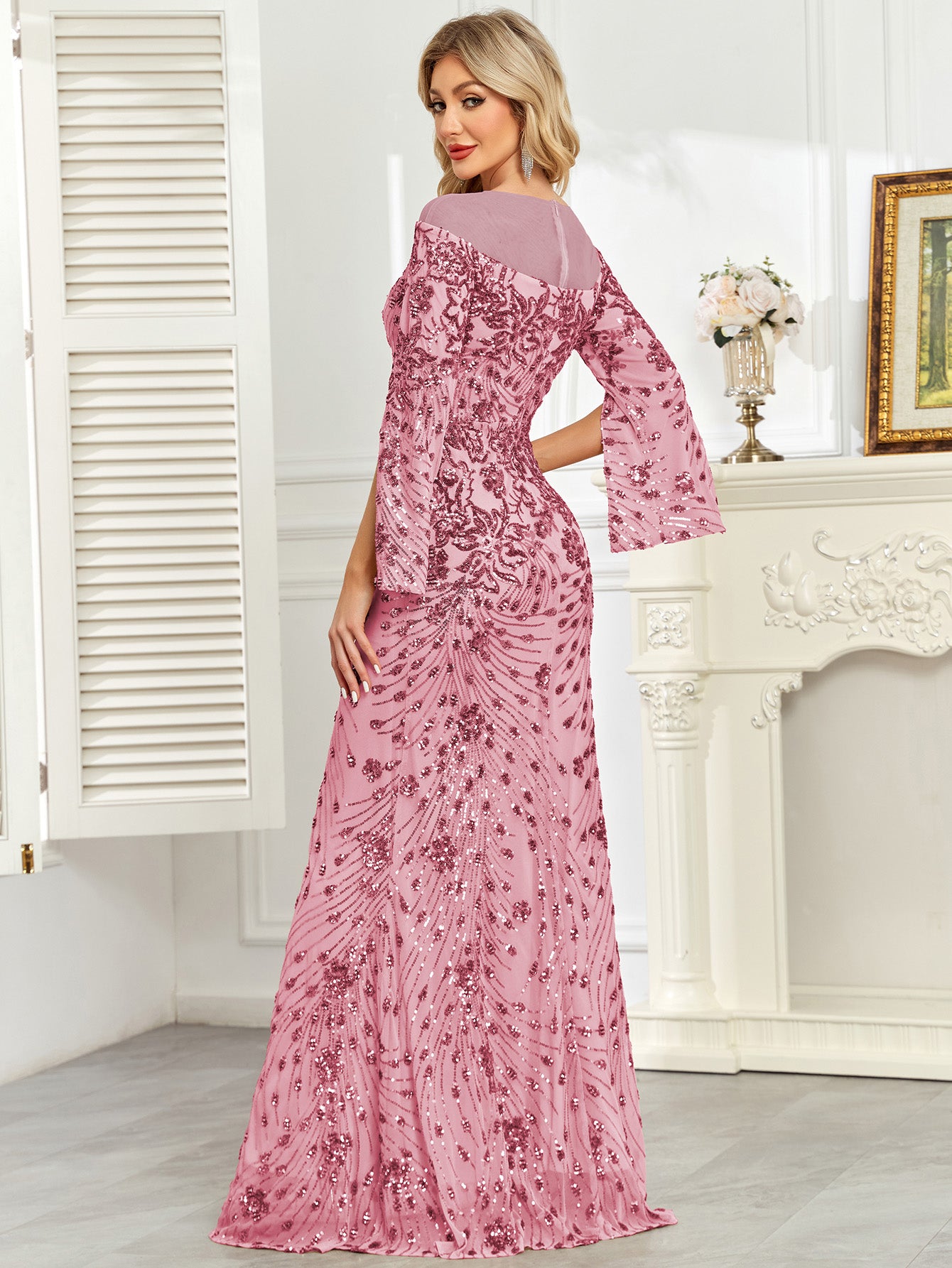 Royal Blue Sequin Split Flare‑Sleeve Mermaid Evening Gown