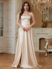 Champagne Beaded Strapless A‑Line High Slit Satin Evening Gown