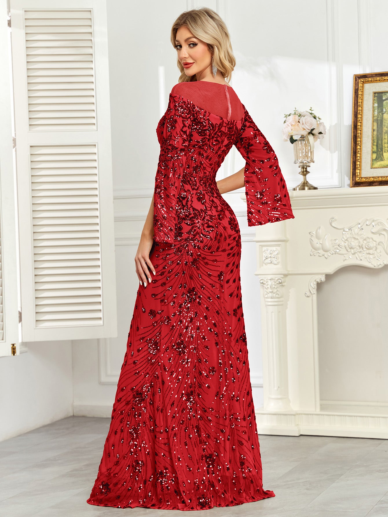 Royal Blue Sequin Split Flare‑Sleeve Mermaid Evening Gown