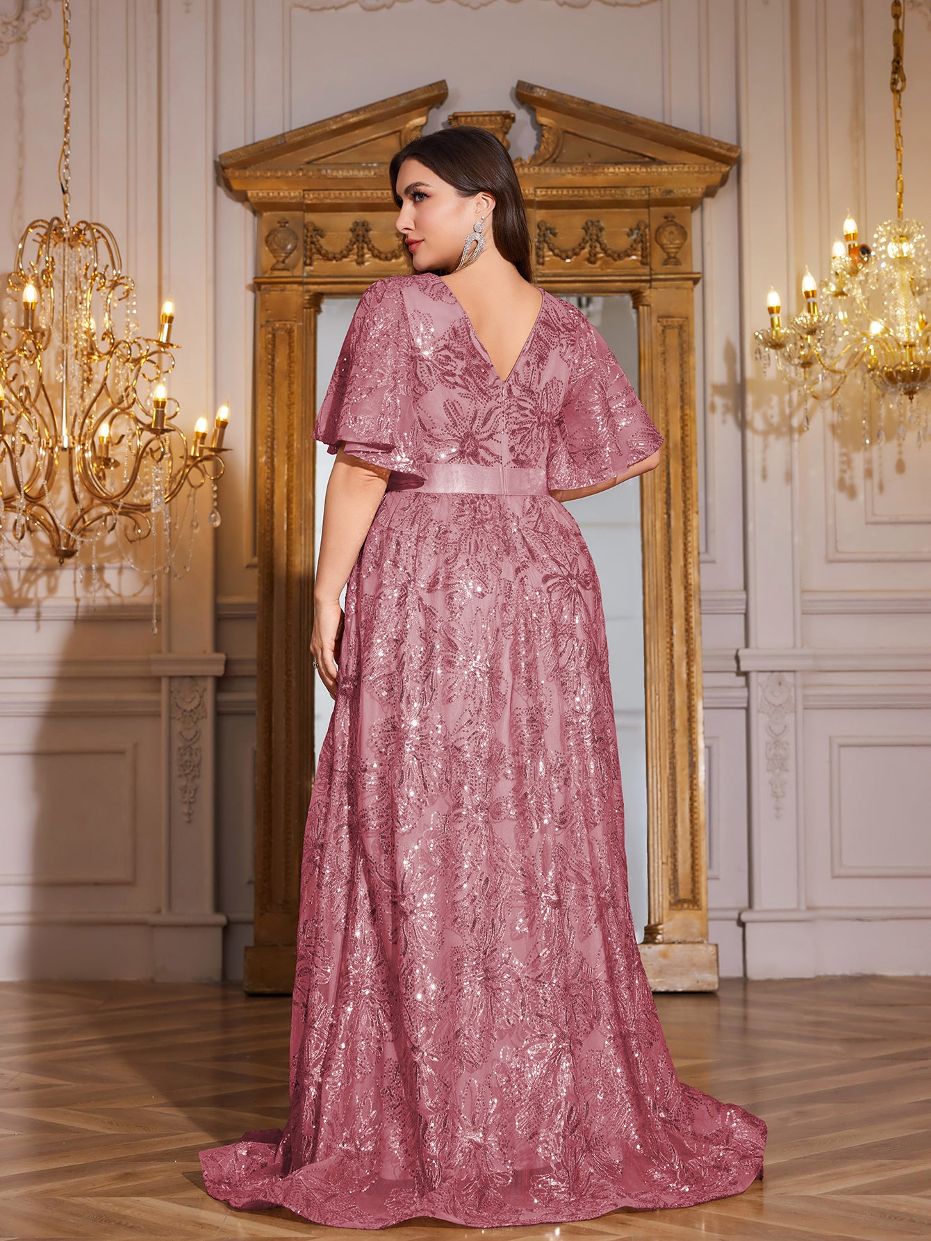 Rose Gold Sequin Flutter Sleeve Empire Waist A‑Line Plus Size Evening Gown