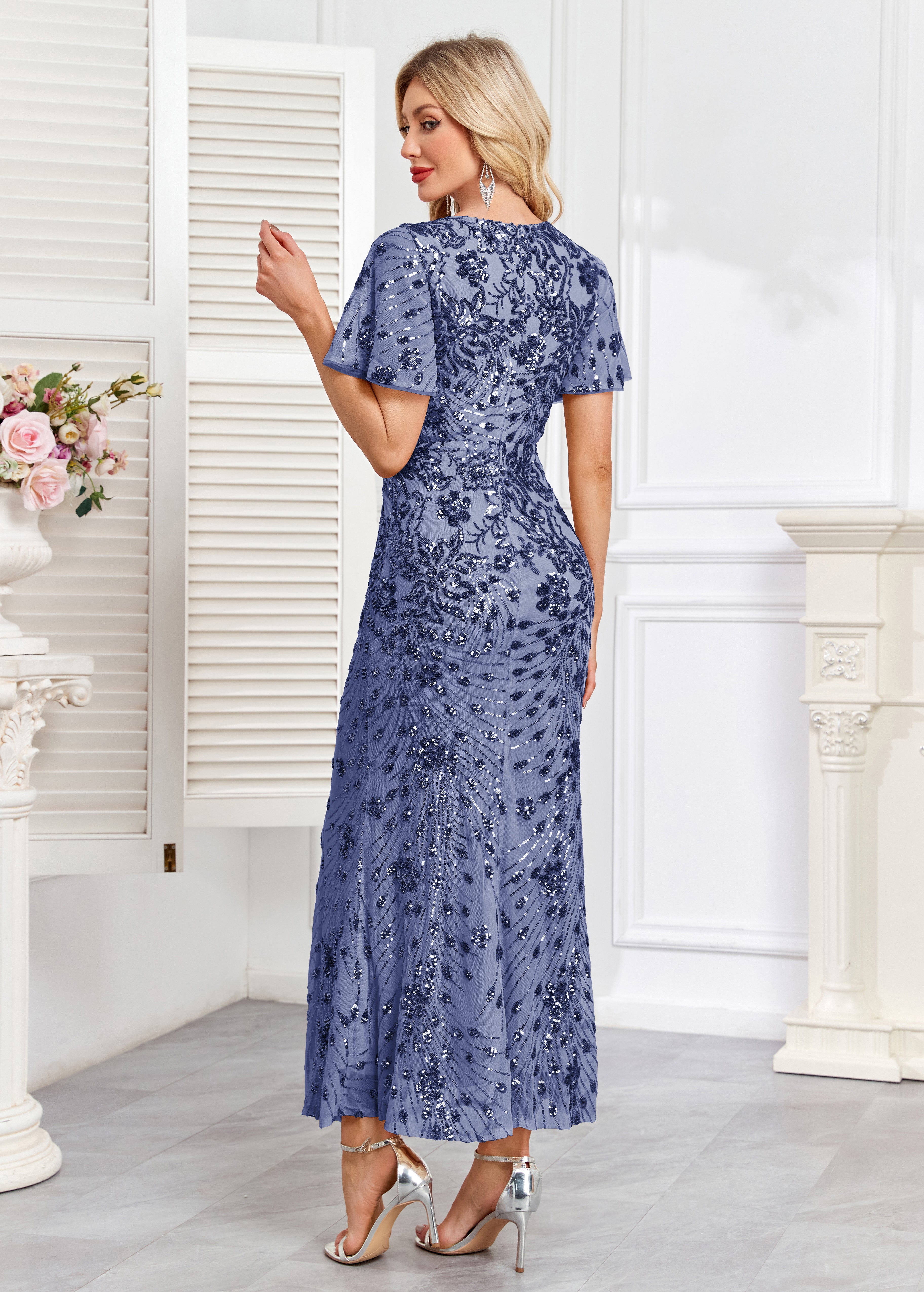 Champagne Gold Sequin Short Sleeve V Neck Midi Mermaid Evening Dress