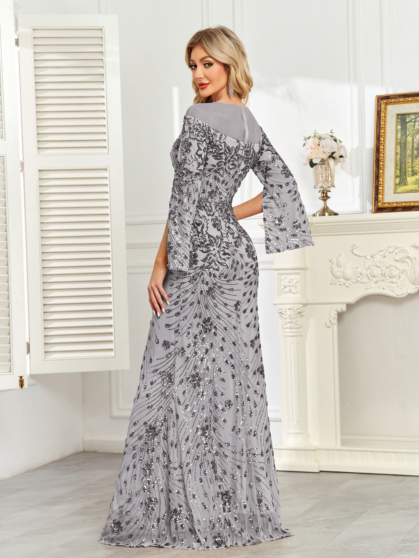 Royal Blue Sequin Split Flare‑Sleeve Mermaid Evening Gown