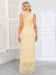 Champagne Gold Ruched Sequin Maxi Evening Gown