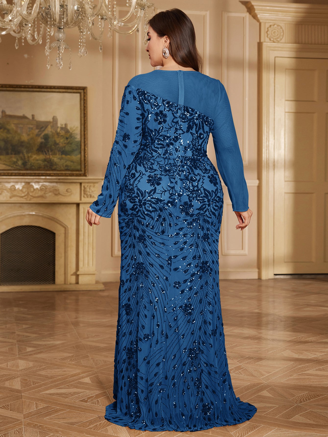 Champagne Bronze Floral Sequin Asymmetric Sleeve Mermaid Evening Gown