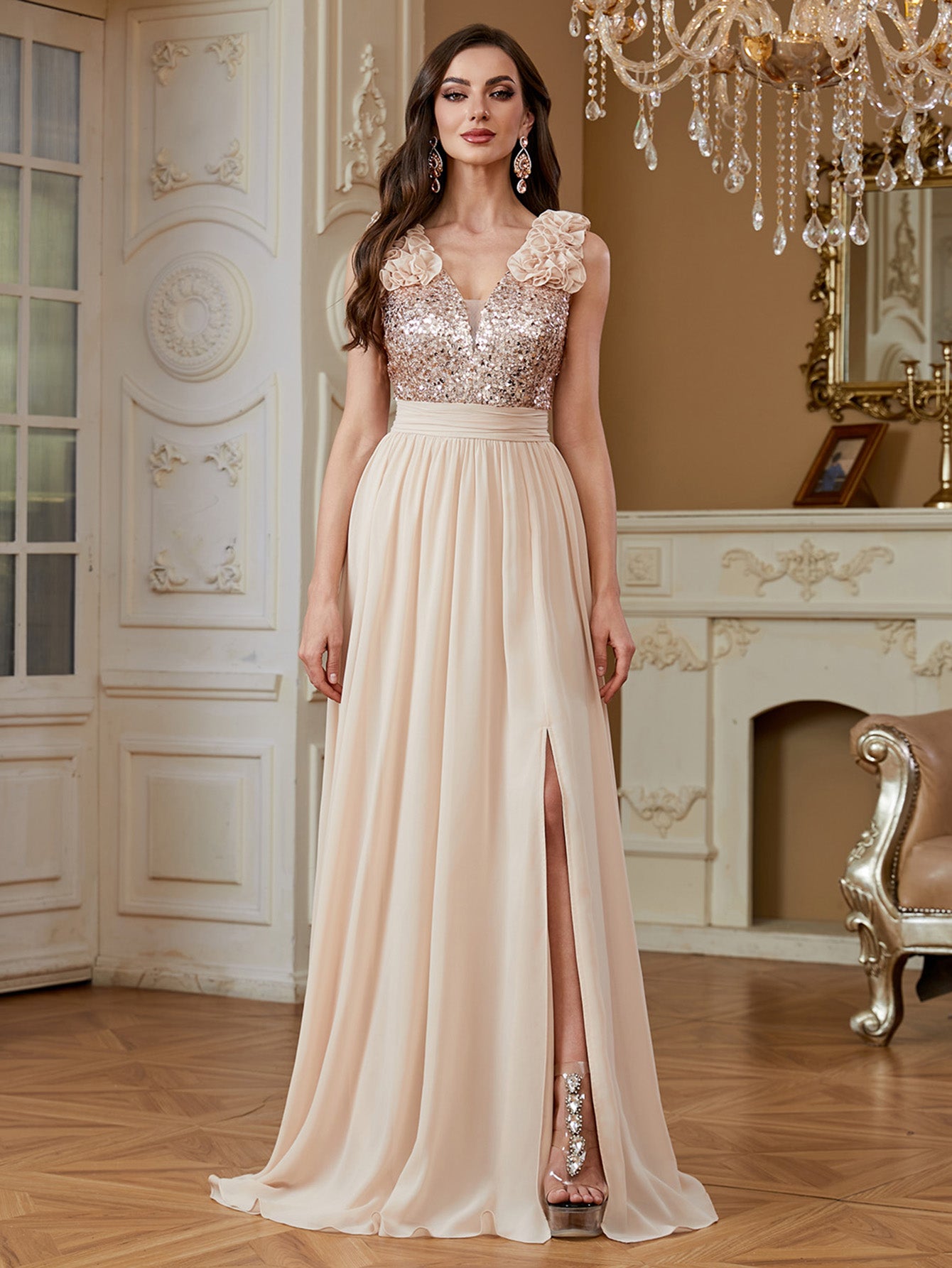 Champagne Sequin Floral V Neck Split A Line Long Evening Dress