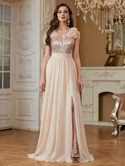 Champagne Sequin Floral V Neck Split A Line Long Evening Dress