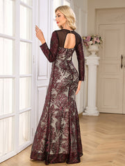 Burgundy Floral Sequin Long Sleeve Mermaid Evening Gown