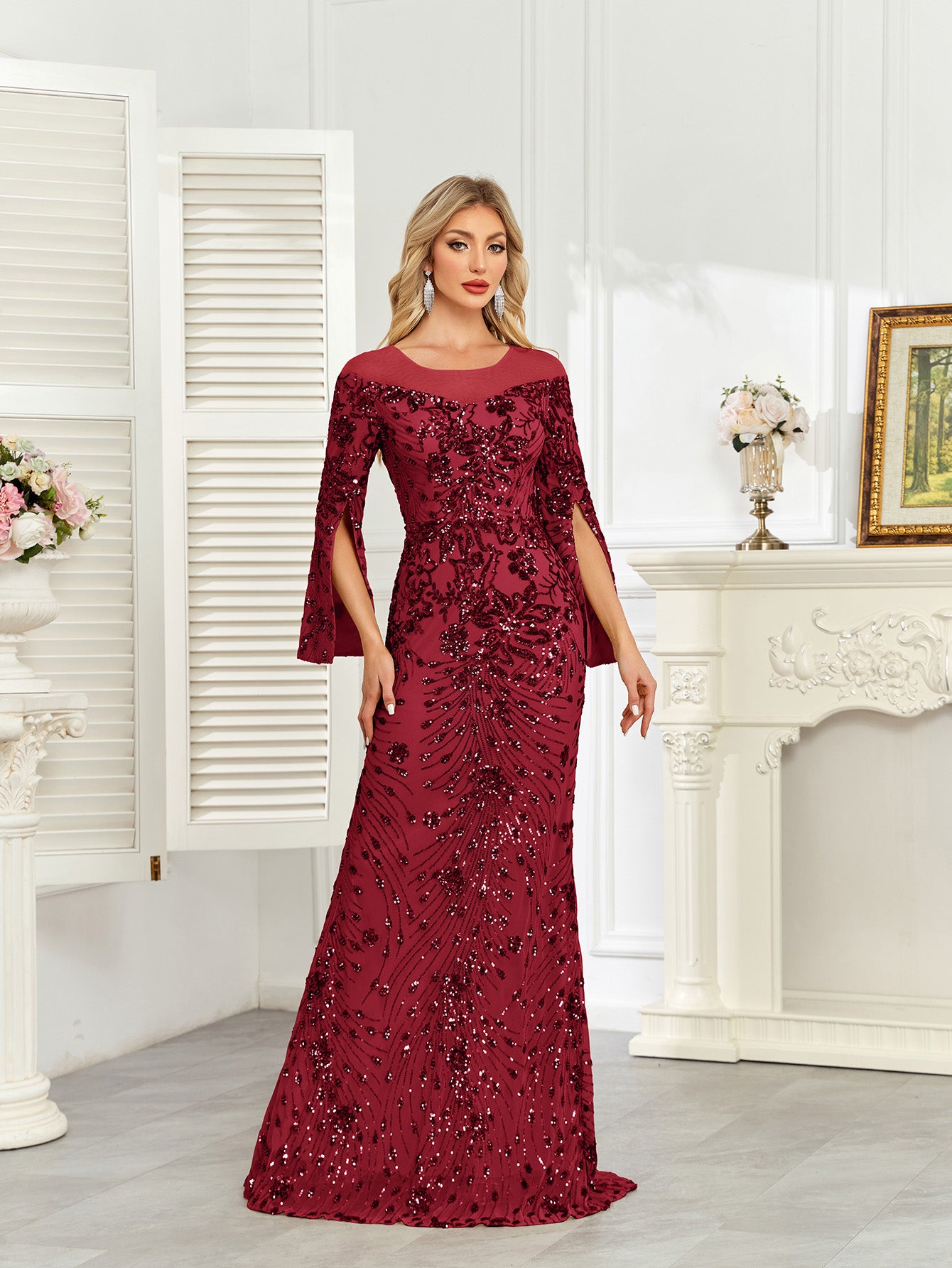 Royal Blue Sequin Split Flare‑Sleeve Mermaid Evening Gown
