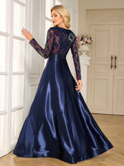 Navy Colorful Sequin Lapel V Neck Long Sleeve A-Line Floor Evening Gown