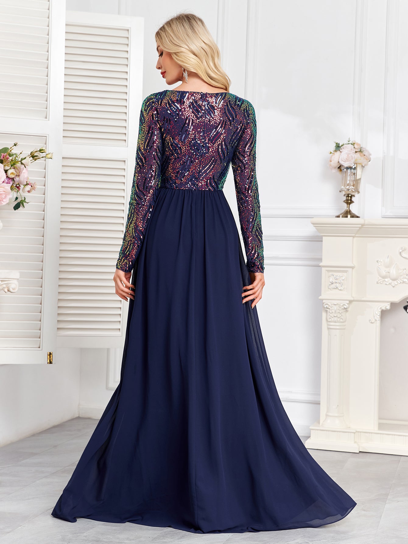 Navy Blue Multicolor Sequin Long Sleeve A‑Line Evening Gown