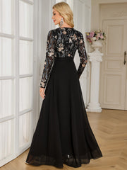 Black Floral Embroidery V‑Neck Long Sleeve A‑Line Evening Gown