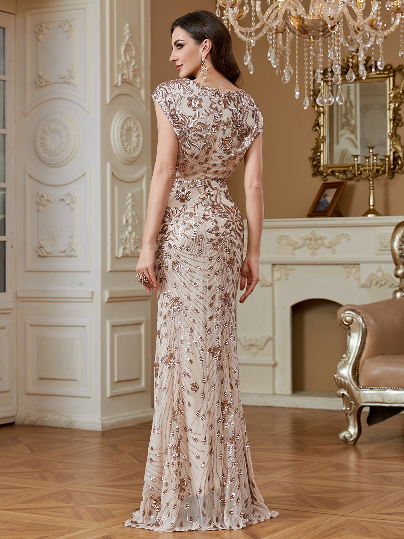 One-shoulder phoenix tail sequin dress