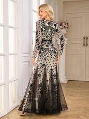 Nude Black Floral Sequin V‑Neck Mermaid Gown