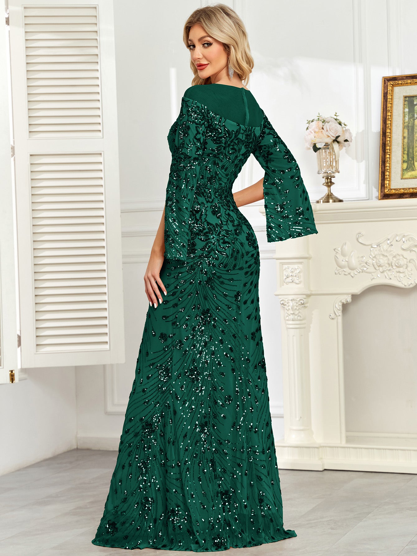 Royal Blue Sequin Split Flare‑Sleeve Mermaid Evening Gown