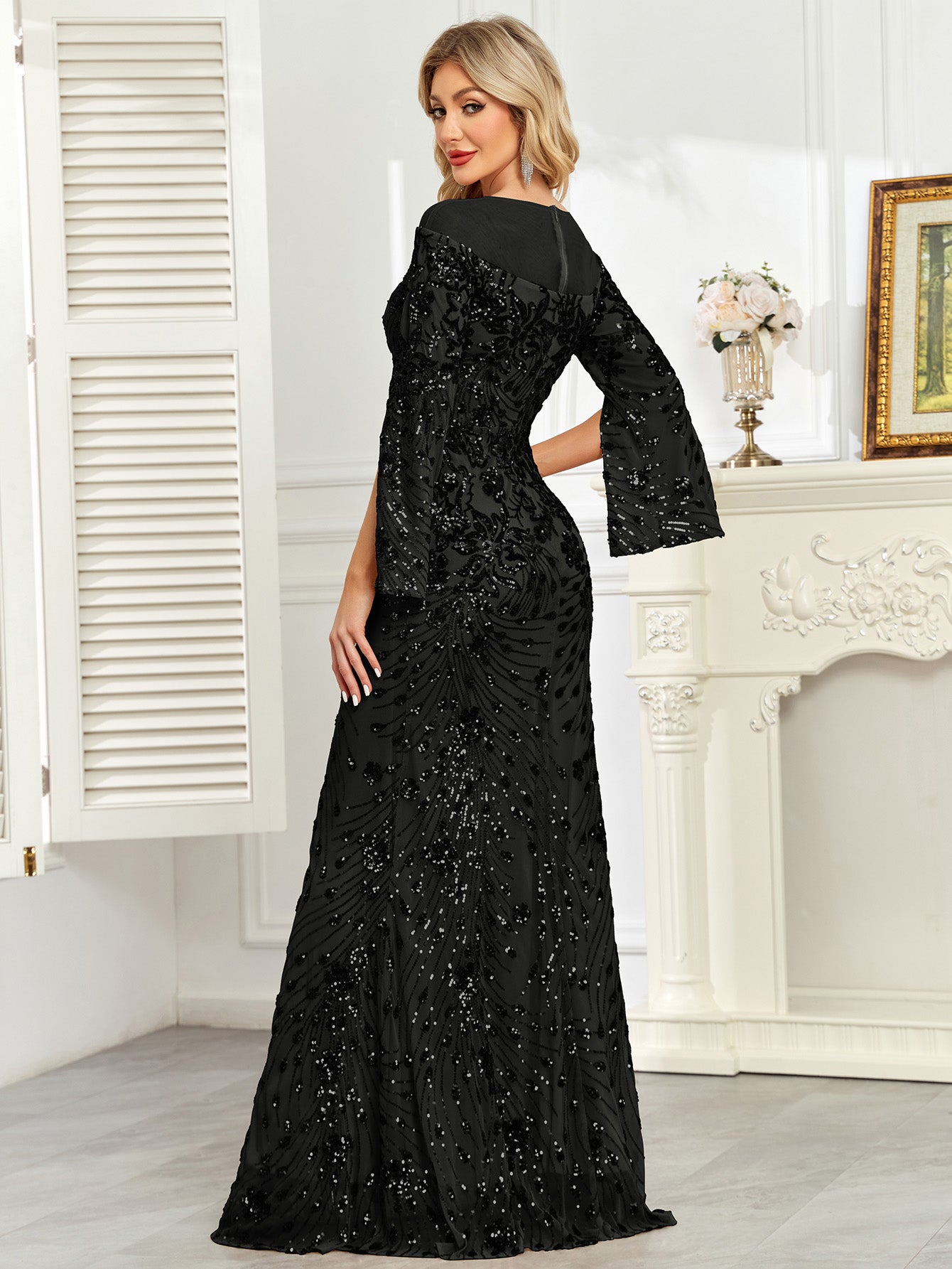 Royal Blue Sequin Split Flare‑Sleeve Mermaid Evening Gown