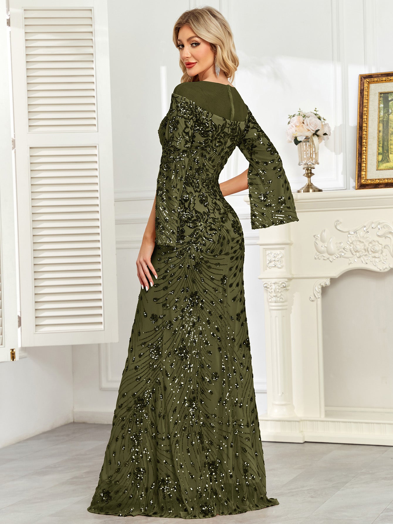 Royal Blue Sequin Split Flare‑Sleeve Mermaid Evening Gown