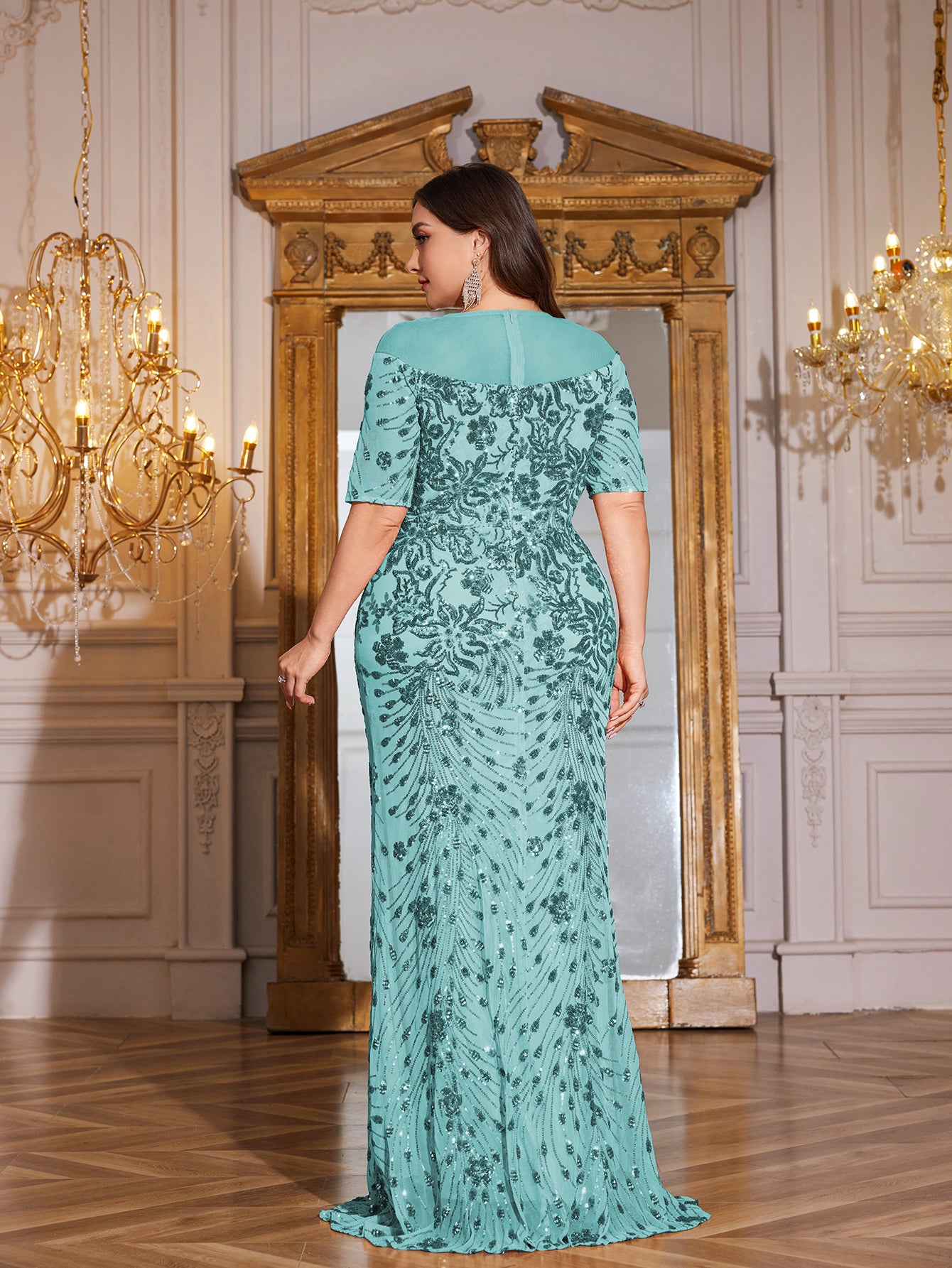 Teal Green Sequin Short Sleeve Mermaid Plus Size Evening Gown