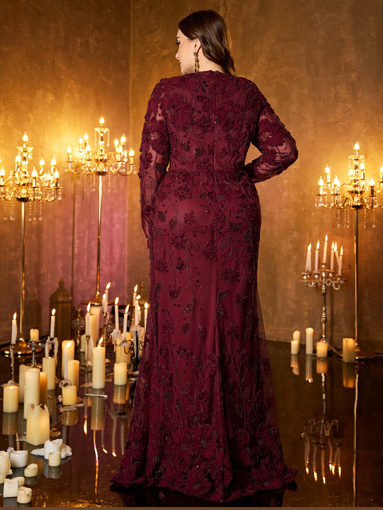 Burgundy Floral Embroidery Sequin Deep‑V Long‑Sleeve Plus‑Size Mermaid Evening Gown