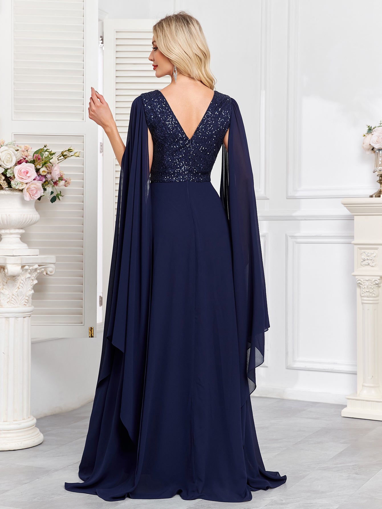 Navy Blue Sequin V‑Neck Cape Sleeve A‑Line Chiffon Evening Gown