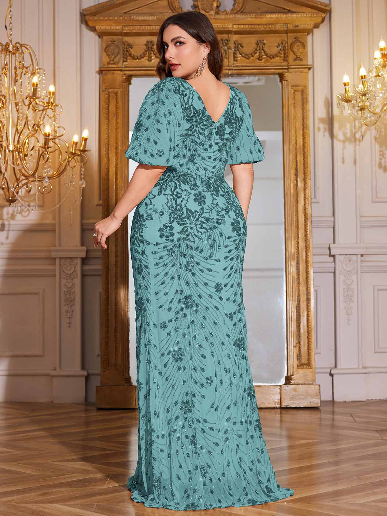 Navy Blue Sequin Puff Short Sleeve Mermaid Plus Size Evening Gown