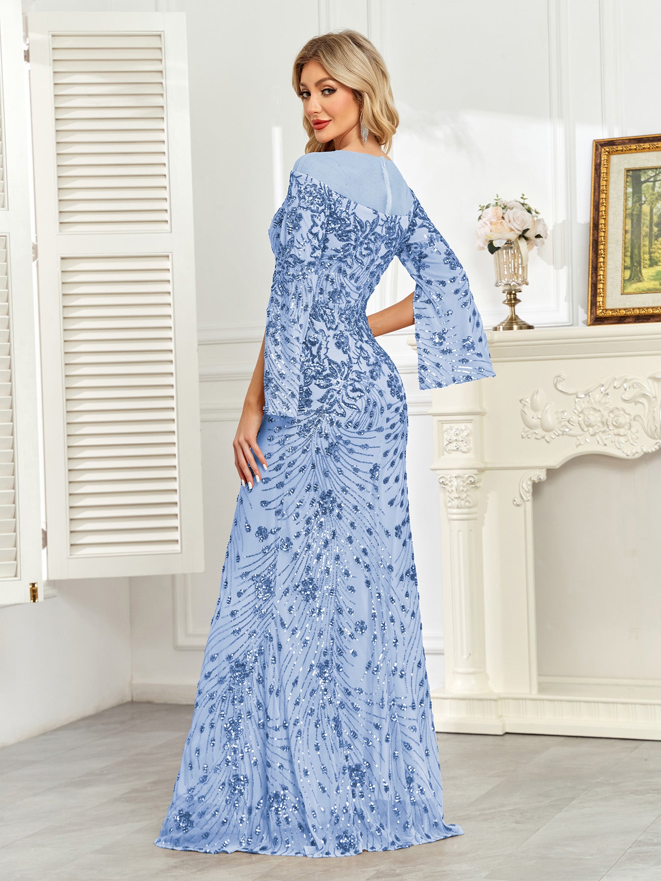 Royal Blue Sequin Split Flare‑Sleeve Mermaid Evening Gown