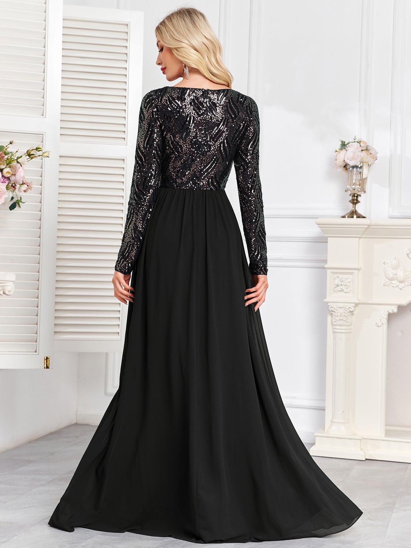 Navy Blue Multicolor Sequin Long Sleeve A‑Line Evening Gown