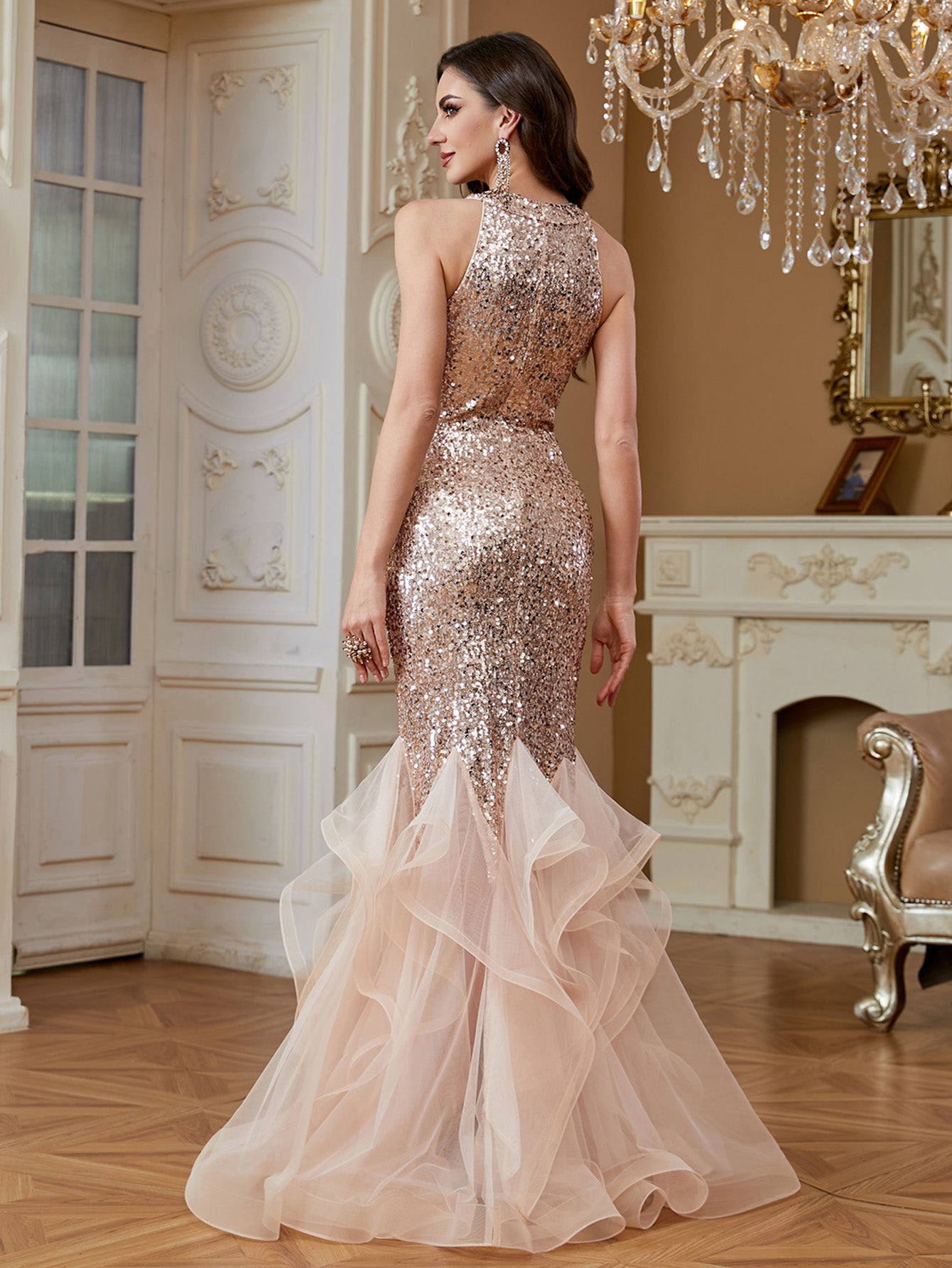 Rose Gold Sequin Halter Ruffle Tulle Mermaid Evening Gown