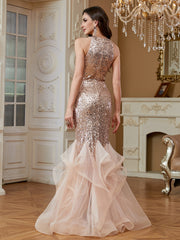 Rose Gold Sequin Halter Ruffle Tulle Mermaid Evening Gown